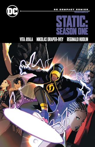 Static Shock flies on a disc surrounded by electricity with other characters in background.