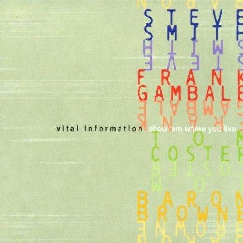 "Album cover with multicolored text on a light green background, featuring 'vital information'."