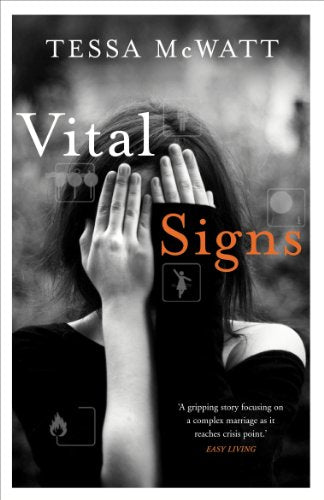 Book cover: woman covering face, title "Vital Signs" in orange and white.