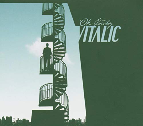 CD cover: man on a spiral staircase against a green sky.