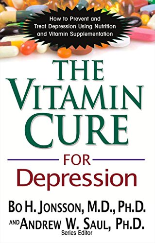 Book cover: "The Vitamin Cure For Depression" with pills and green leaves.