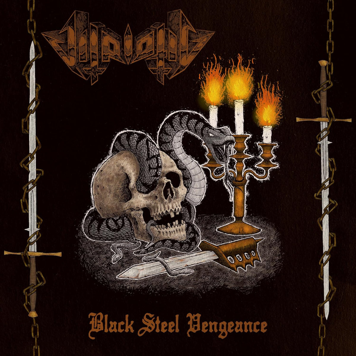 Skull, snake, and candelabra illustration with band logo and title text.