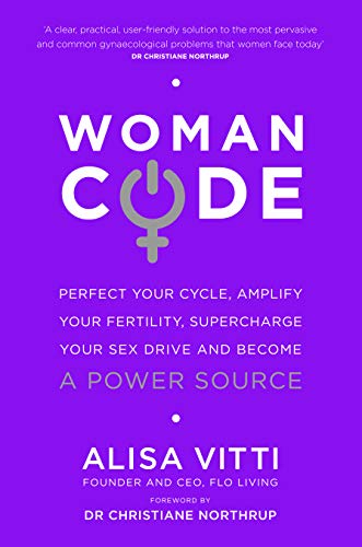 Book cover: "Womancode" with purple background and female symbol.