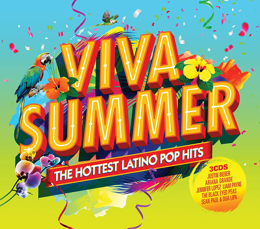 "Viva Summer" CD cover featuring colorful text, flowers, and parrots on a blue and green gradient background.