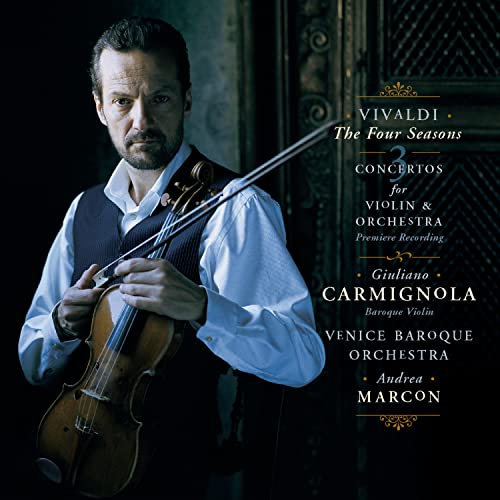 Giuliano Carmignola holding a violin with Vivaldi album text on a dark background.