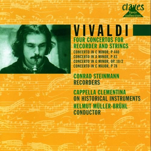 CD cover for Vivaldi’s recorder concertos featuring a portrait and musical notes.