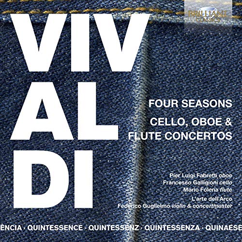 CD cover featuring Vivaldi's name on a denim background with concertos listed.