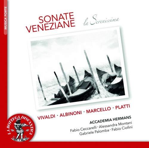 CD cover: Venetian gondolas in black and white, text “Sonate Veneziane”.