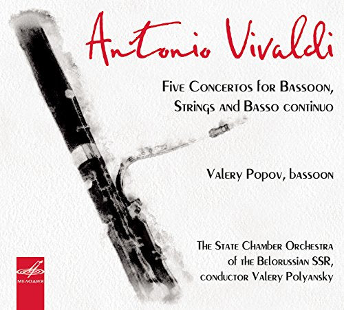 CD cover: Vivaldi’s Five Concertos for Bassoon featuring a wooden bassoon.
