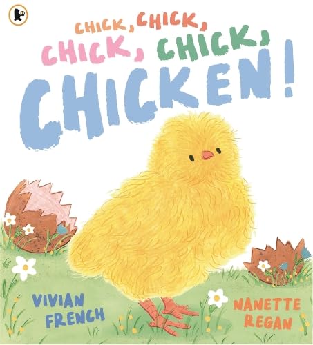 A fluffy yellow chick stands in grass between two broken eggshells on a book cover.