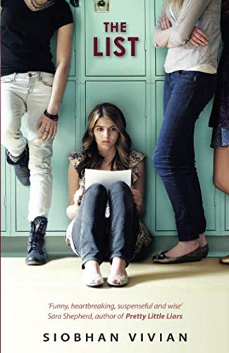 Book cover featuring three girls in front of teal lockers with the title The List.
