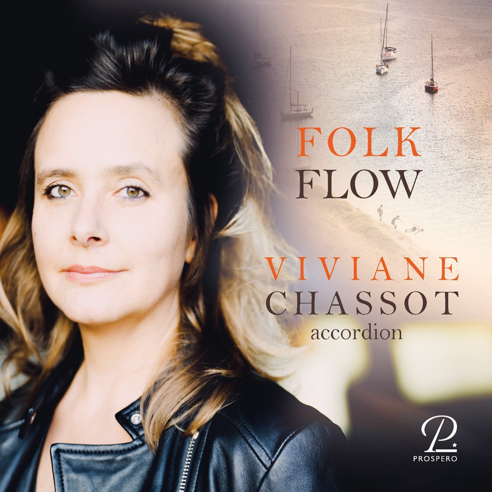 CD cover featuring portrait of Viviane Chassot, accordionist, with boats.