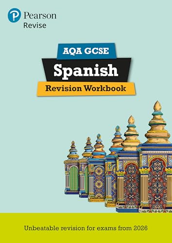Pearson Revise AQA GCSE Spanish Revision Workbook cover with ornate architectural illustrations.
