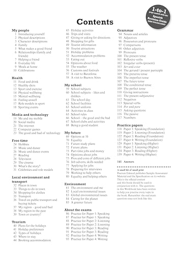 A table of contents page from a GCSE Spanish revision workbook listing various topics.