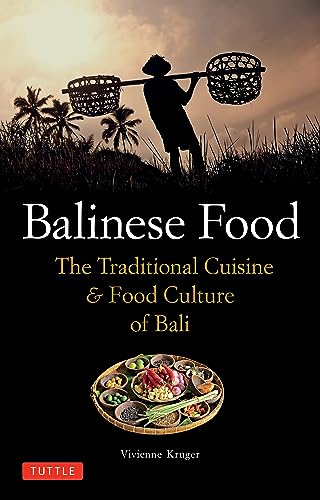 Book cover: “Balinese Food” with silhouette of person carrying baskets.