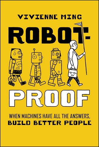 Book cover shows three robots and a person walking in a line on yellow.