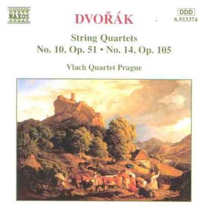 A CD cover featuring a landscape painting and text about Dvořák's string quartets.