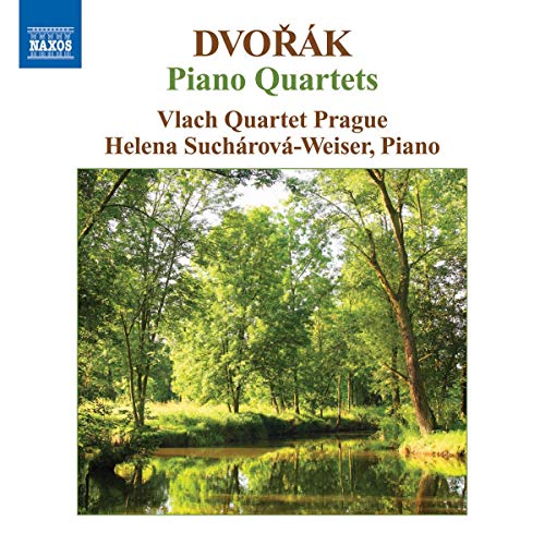 CD cover featuring text Dvořák Piano Quartets above a sunlit forest stream.