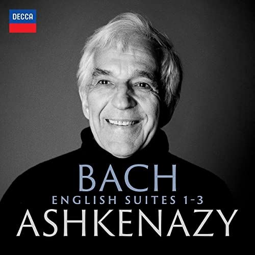 Black and white portrait of Vladimir Ashkenazy on a Bach English Suites CD cover.
