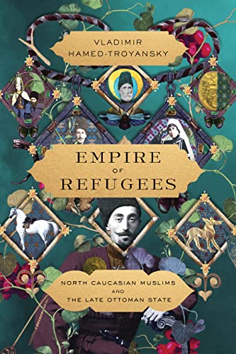 Book cover with portraits, floral designs, and the title “Empire of Refugees.”