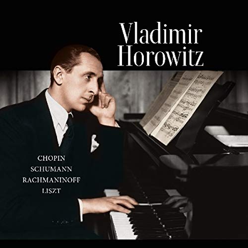 "Vinyl album cover featuring Vladimir Horowitz playing piano, with composer names listed."