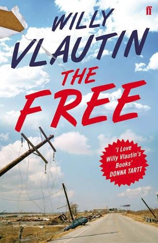 Book cover with a blue sky, tilted power poles, and a desolate road.
