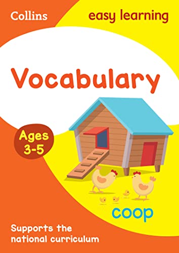 Vocabulary activity book cover with a house, chickens, and ages 3-5.