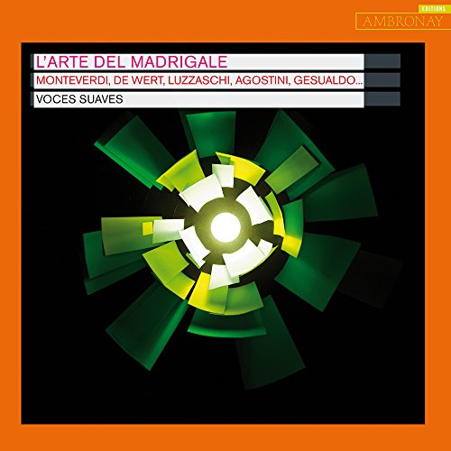 CD cover for "Voces Suaves - L'arte del madrigale" with abstract green design.