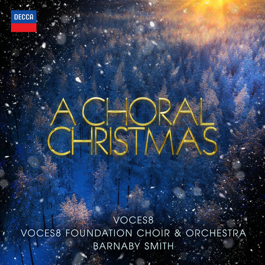 CD cover: snowy forest background, gold text “A Choral Christmas” by VOCES8.