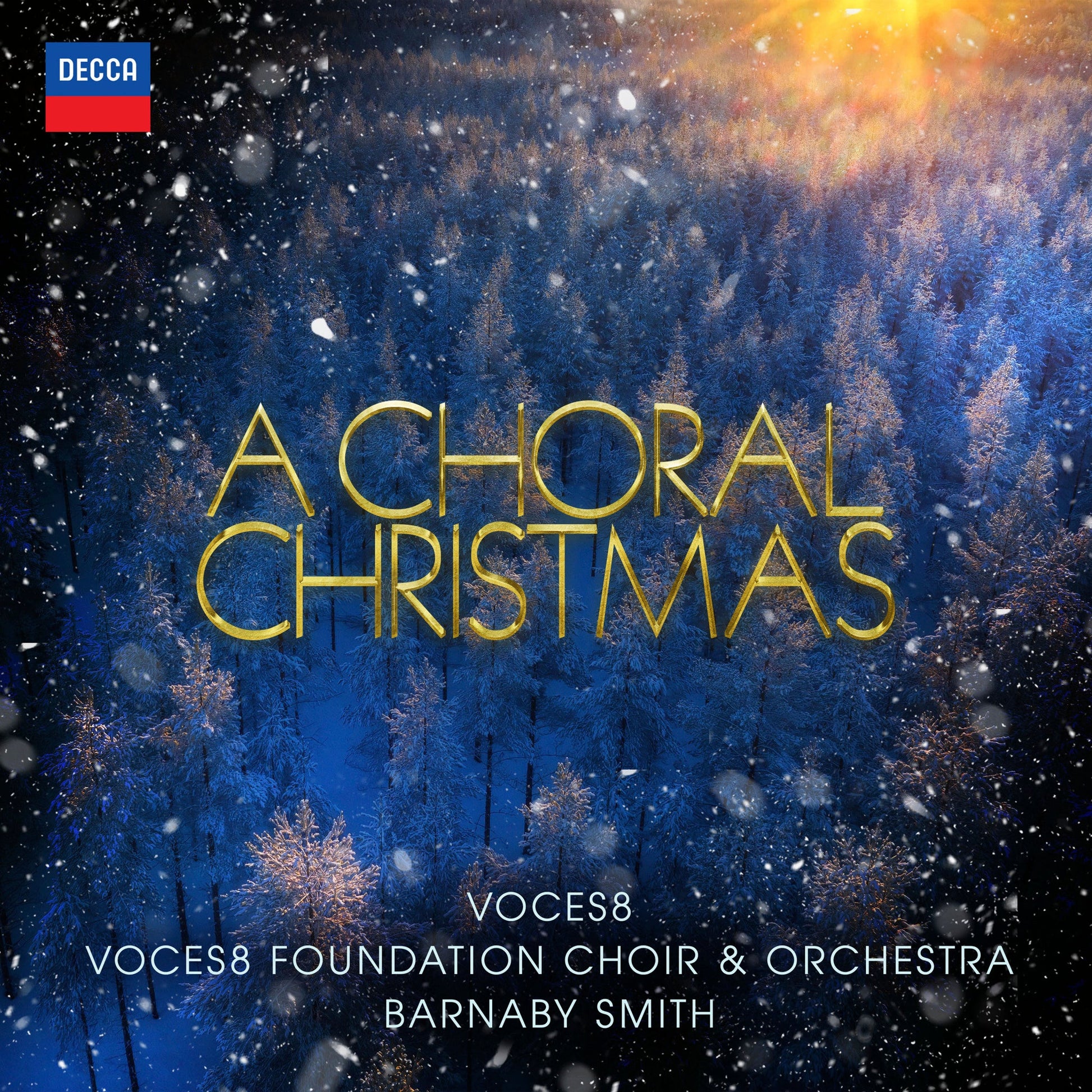 Album cover for “A Choral Christmas” by VOCES8, with a snowy forest scene.