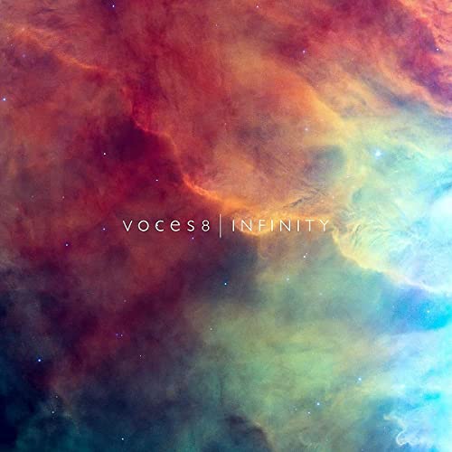 CD cover for Voces8’s “Infinity” featuring a nebula-like, colorful abstract image.