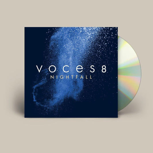 VOCES8 “Nightfall” CD cover with dark blue nebula and reflective disc.