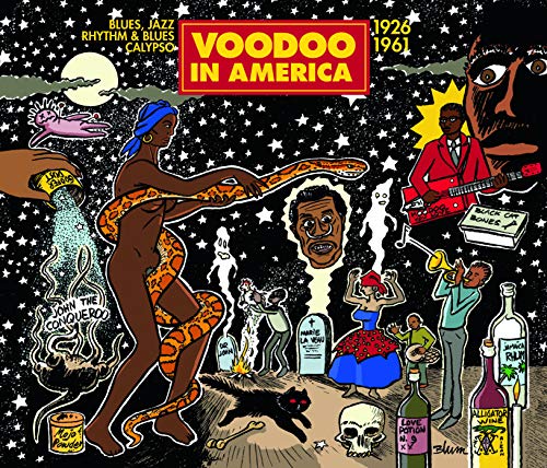 ColorfulCds cover art with surrealCsurreal voodoo-themed illustrations, figures, and a starry night background.