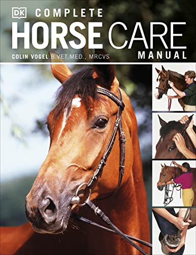Book cover: "Complete Horse Care Manual" featuring a chestnut horse head.