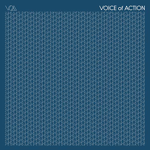 Blue album cover with a repeating geometric line pattern.
