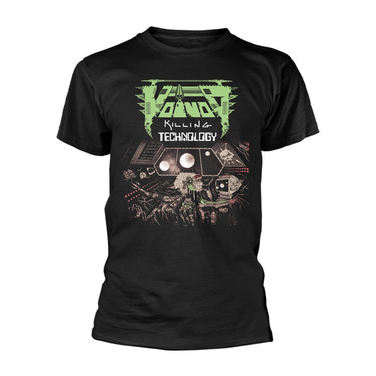 Black t-shirt with a detailed, futuristic green and white graphic print.