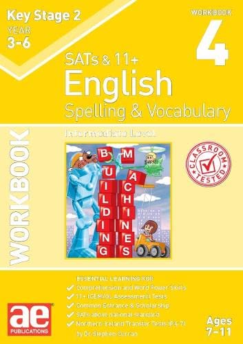 KS2 English workbook cover, yellow background, robot building with blocks.