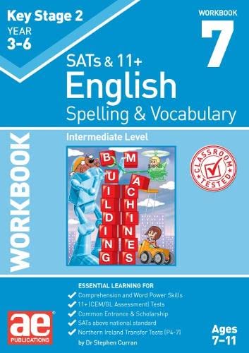 Blue cover of KS2 Spelling and Vocabulary workbook 7 featuring a robot and blocks.