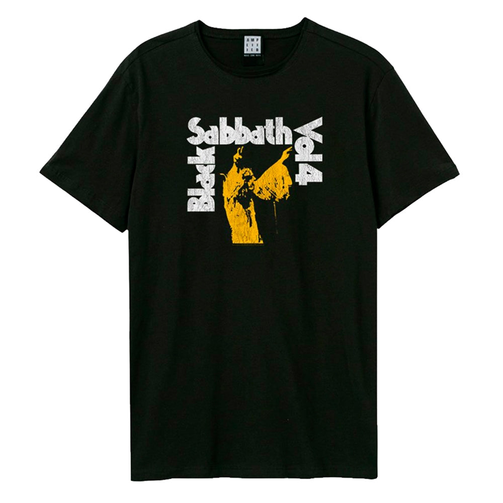 Black t-shirt with a yellow graphic of Black Sabbath imagery.