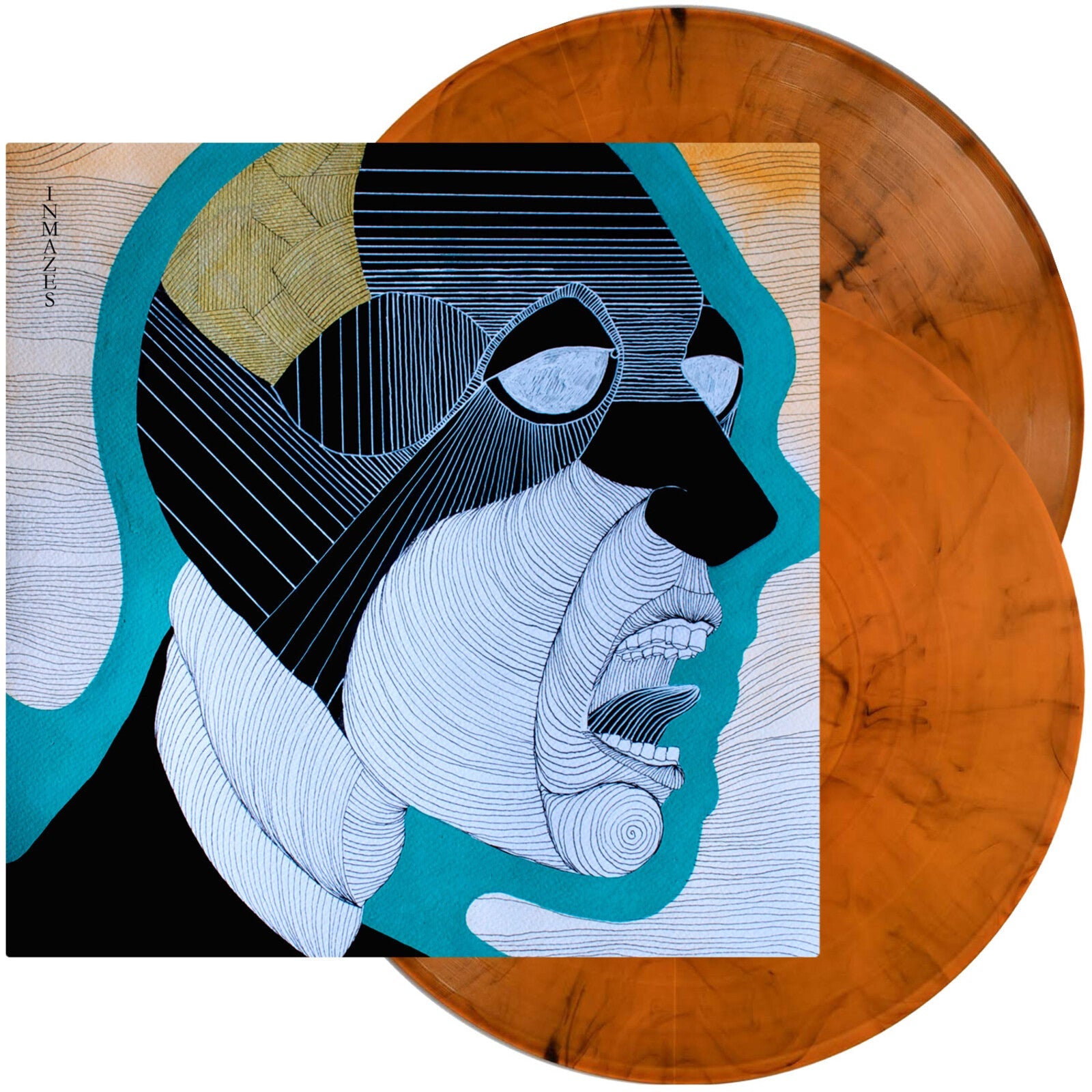 Vinyl record with illustrated cover featuring a face in teal and black.