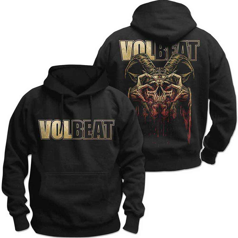 Black hoodie with "Volbeat" logo and bleeding skull graphic on back.