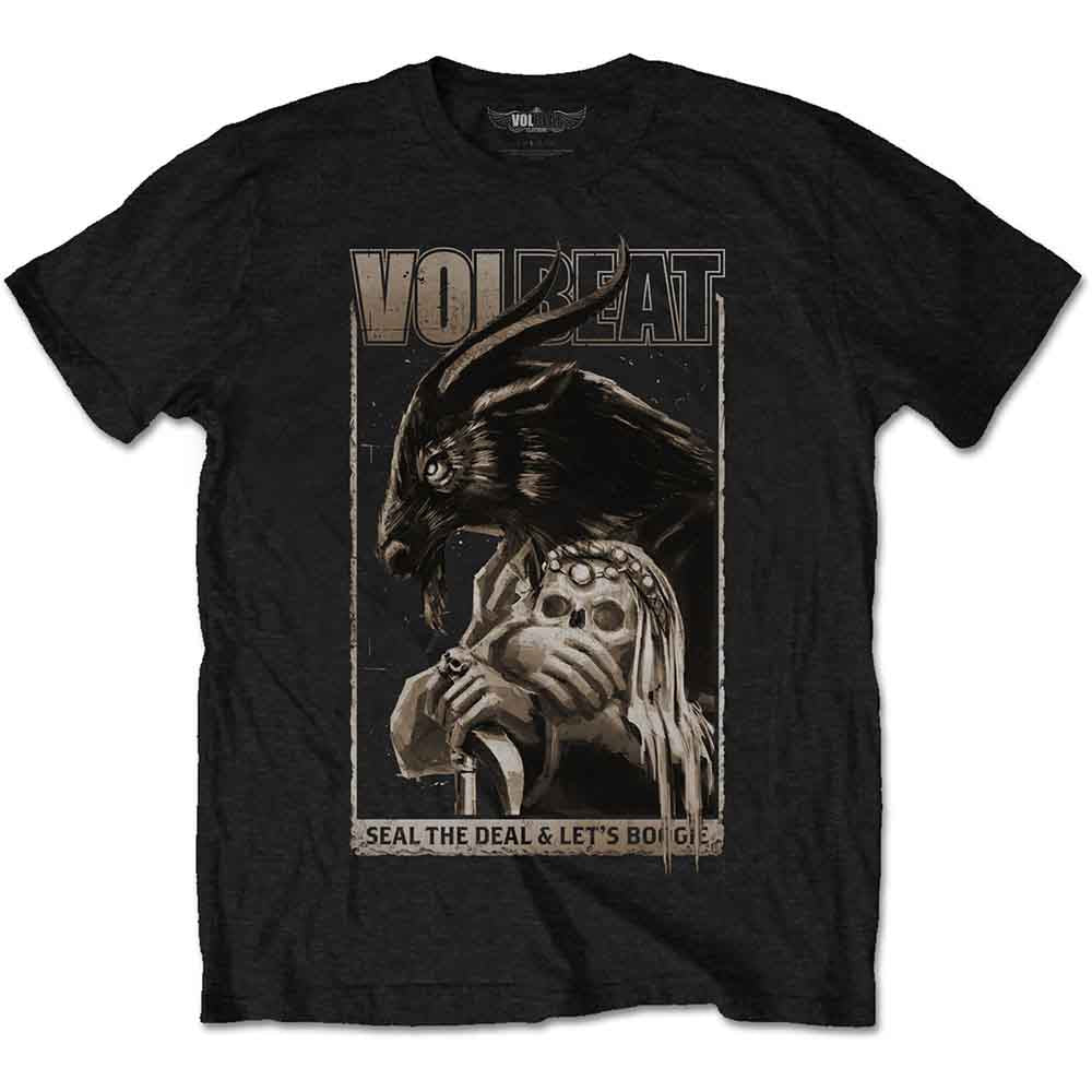 Black t-shirt with Volbeat band logo featuring a raven and skull.