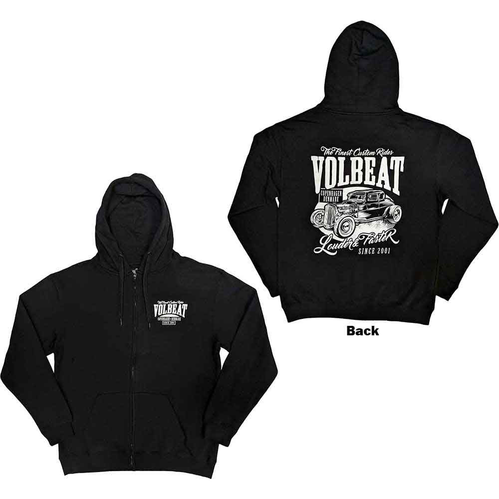 Black zipped hoodie with white “Louder and Faster” back print, size XX-Large.