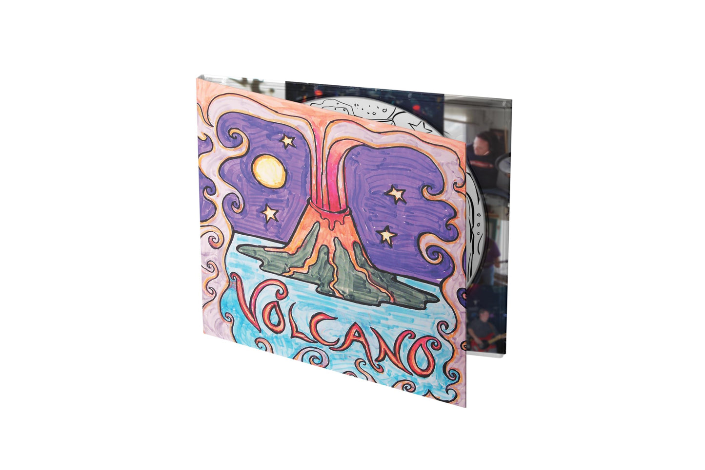 CD case with colorful, hand-drawn illustration of a volcano erupting.