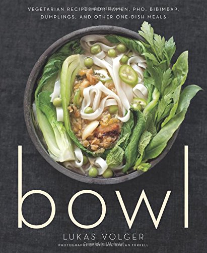 Cookbook cover featuring a bowl of vegetarian noodle soup with greens.