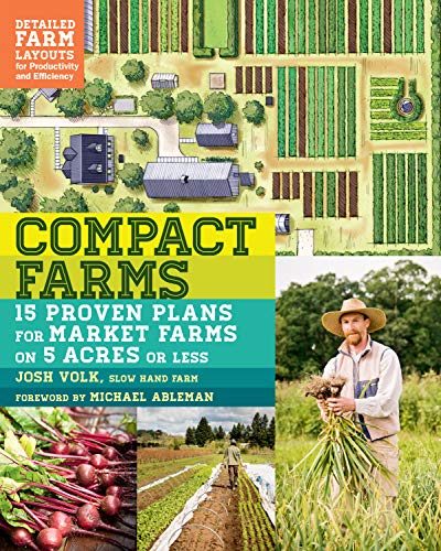 Book cover featuring farm layouts, produce, and a farmer holding vegetables.