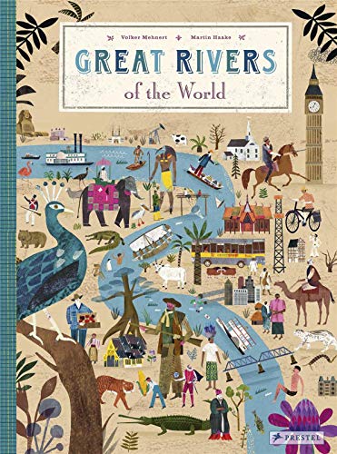 Book cover depicting diverse people and wildlife along winding rivers.