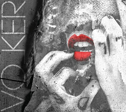 CD cover: hands obscuring a face with bright red lips.