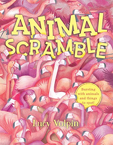 Book cover for "Animal Scramble" featuring a dense flock of flamingos.