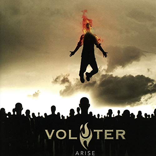 CD cover: Silhouette of a figure rising amidst clouds and crowds.